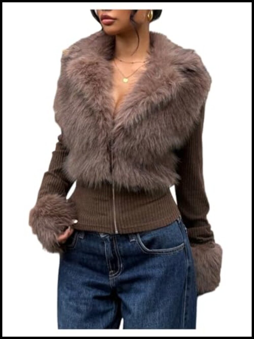 Faux Fur Fuzzy Zip Up Jacket Rib Knit Lapel Collar Slim Fit Winter Coat
